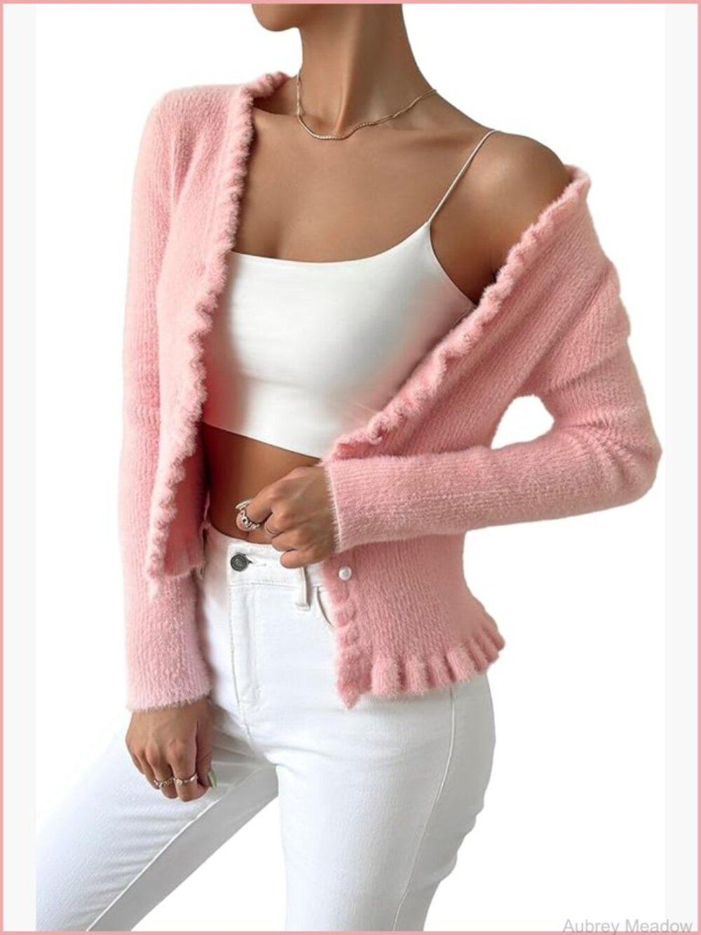 Ruffle Button Cardigan Knitted Cropped V-Neck Long Sleeve Front Open Top - Picture 1 of 7